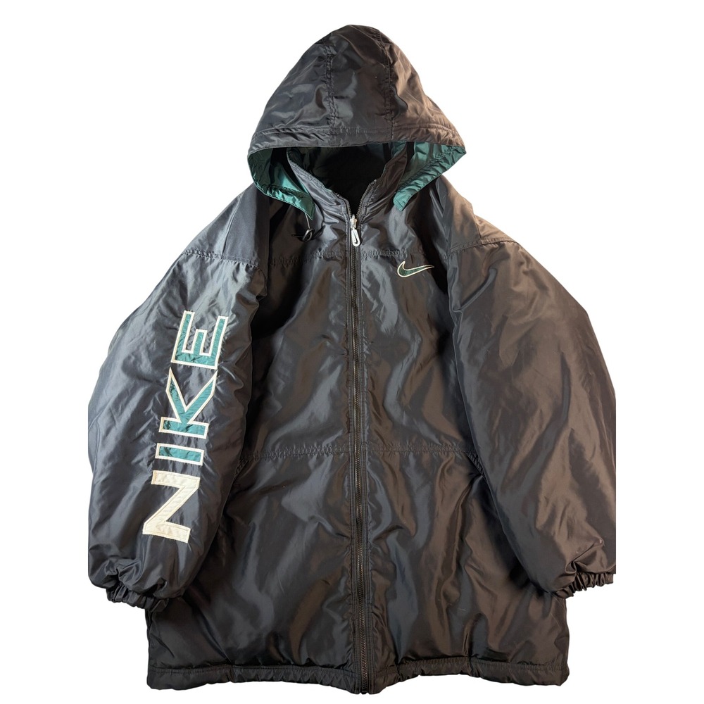 Vintage 90s rare Nike Hooded Parka Jacket Black Green Spellout Sleeve XL H7 LDR